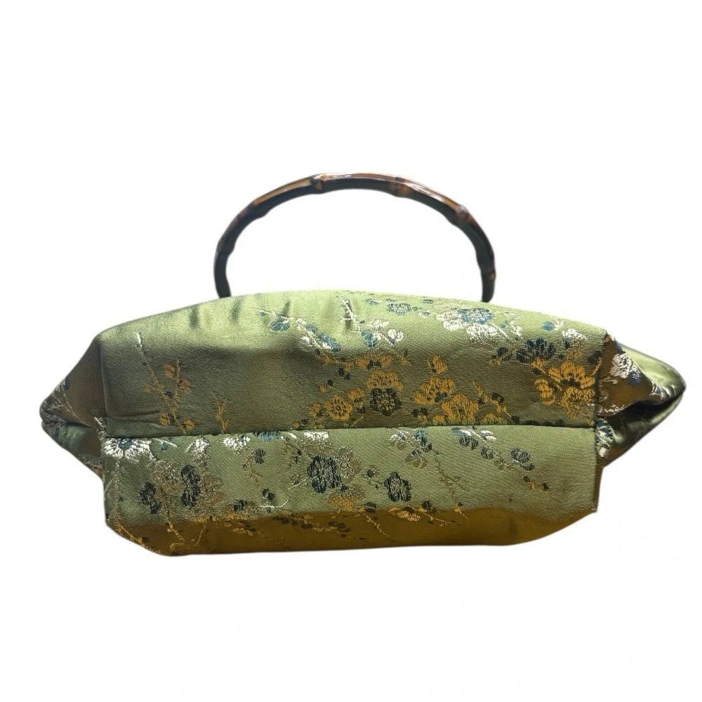 Oriental Floral Embroidered Purse Zipper Top Faux Silk Bamboo Handles - Picture 5 of 8